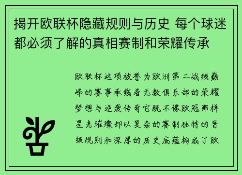 揭开欧联杯隐藏规则与历史 每个球迷都必须了解的真相赛制和荣耀传承 揭开欧联杯隐藏规则与历史 每个球迷都必须了解的真相赛制和荣耀传承